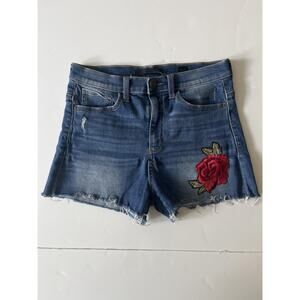 SP Black Label Shorts Womens M Blue Denim Cutoff Frayed Hem Rose Embroidered